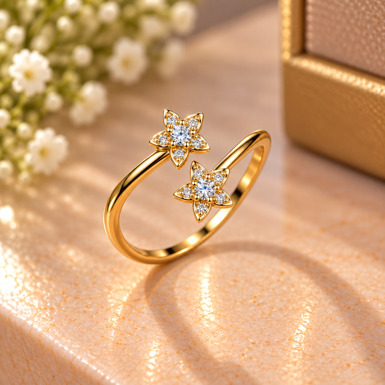 Golden Floral Diamond Bypass Ring